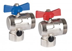 Set valvola sfera a squadra Geberit, nichelato, Manopole rossa e blu, Set di 2 pezzi Set valvola sfera a squadra Geberit, nichelato, Manopole rossa e blu, Set di 2 pezzi